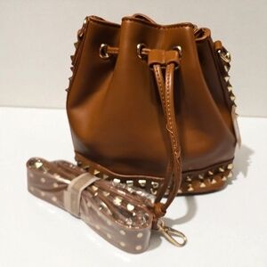 Elegant Tan Studded Mini Bucket Bag